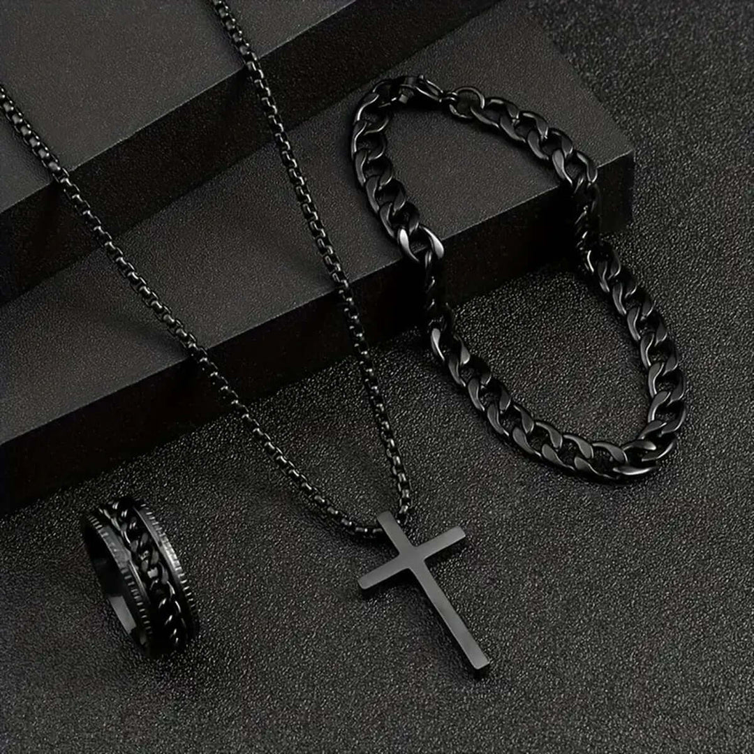 "Herren Kreuz Halskette, Ring & Armband Set – Komplettes Schmuckset für Männer mit stilvollem Kreuzanhänger, passendem Ring und Armband, ideal für den Alltag, besondere Anlässe und als bedeutungsvolles Geschenk."