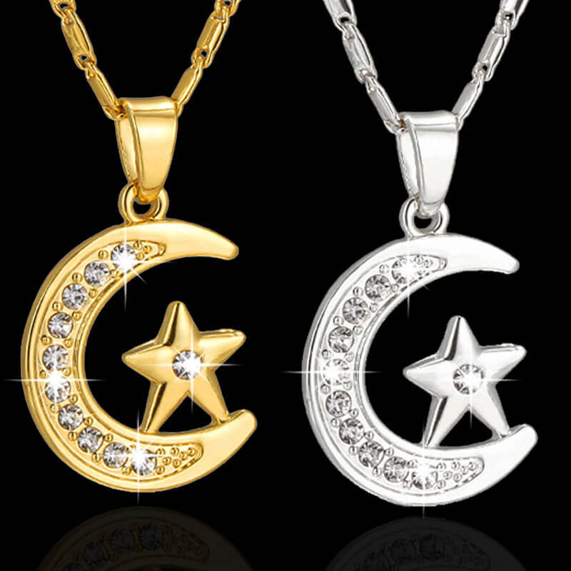 "Muslimischer Halbmond-Anhänger Halskette – Elegante Silber- und Goldmond-Halskette, islamischer Schmuck für Damen und Herren, perfekt für den Alltag, Ramadan, Eid und besondere Geschenke."