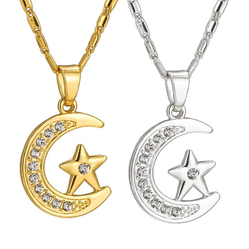 "Muslimischer Halbmond-Anhänger Halskette – Elegante Silber- und Goldmond-Halskette, islamischer Schmuck für Damen und Herren, perfekt für den Alltag, Ramadan, Eid und besondere Geschenke."